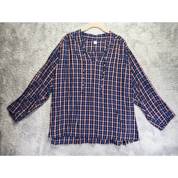 Old Navy Blouse Women XXL 2XL Blue Pink Plaid Long Sleeve Tunic V Neck Peasant - Picture 3 of 10